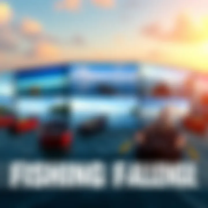 Fishing Games Challenge A collage of screenshots from various fishing games played during a challenge, featuring boats, fishing rods, and serene water scenes.