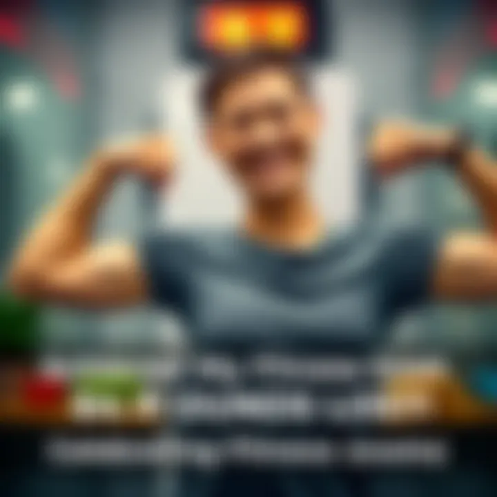 A person happily showing off their weight loss progress, smiling and flexing their arm muscles, with a scale in the background reading lower weight.