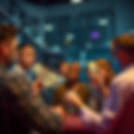 A group of people discussing savings strategies for the $5 Club while holding dollar bills