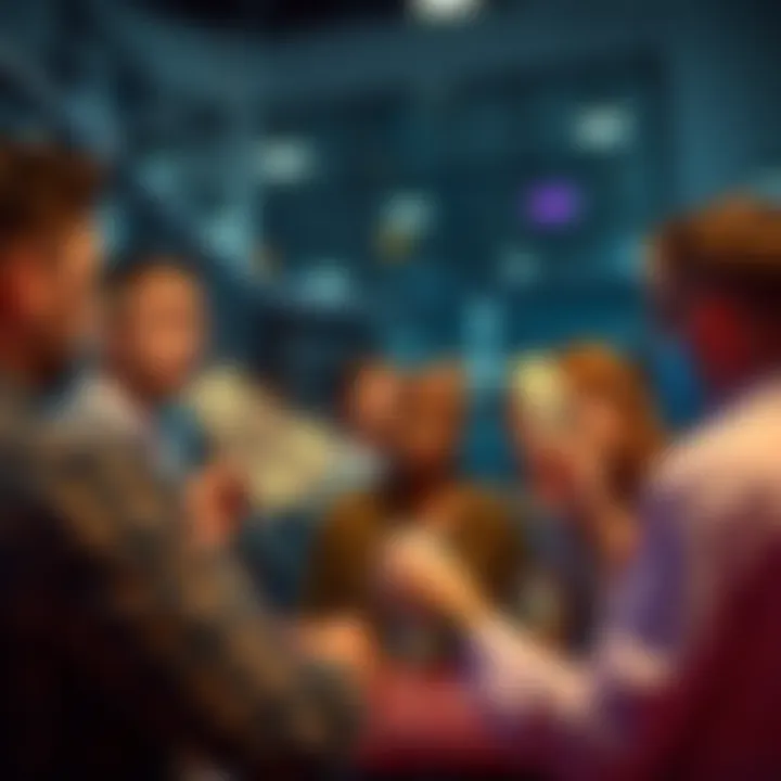 A group of people discussing savings strategies for the $5 Club while holding dollar bills
