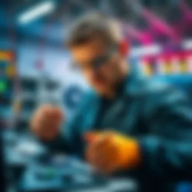 A technician troubleshooting an original Helium hotspot with tools and an SD card