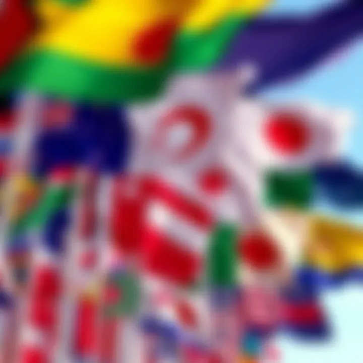 Various flags displaying national symbols and colors, showcasing cultural diversity and unity in society.