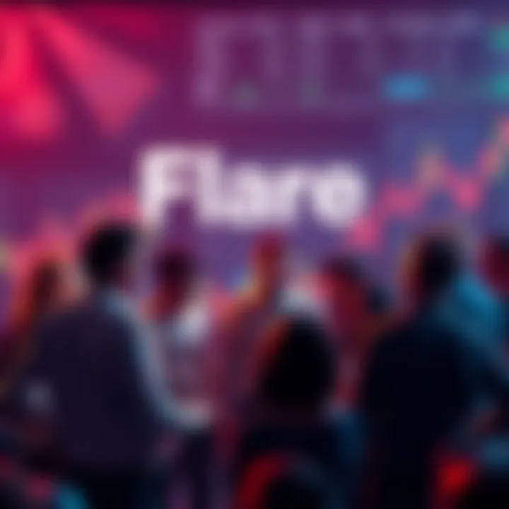 Flare Project Discussion A group of people discussing concerns about Flare and its future, with a digital background showing charts and graphs related to FXRP minting.