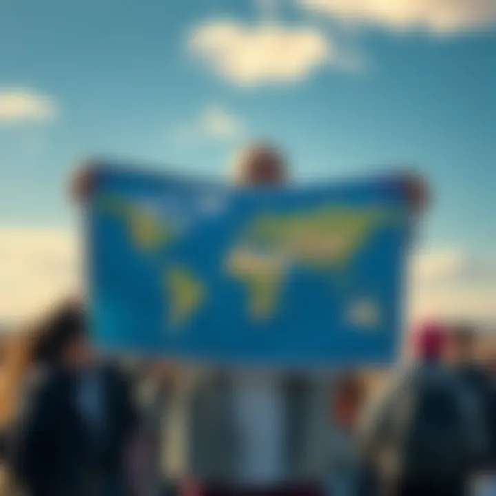 A flat earther holding a large map that suggests a flat earth model, surrounded by curious onlookers, highlighting the ongoing debate about the earth's shape.