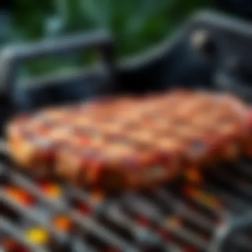 A juicy flatiron steak grilling on a barbecue, with grill marks visible and juices sizzling, showcasing its tender and flavorful texture.