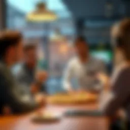 An intern presenting a new flavor idea for Quattro Formaggi pizza to a group of people in a casual meeting setting.