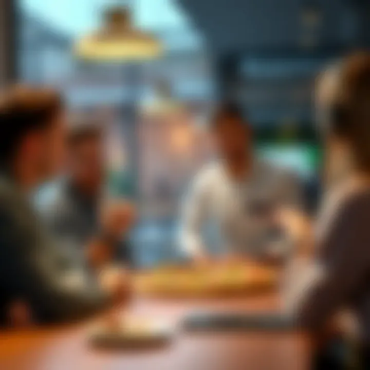 An intern presenting a new flavor idea for Quattro Formaggi pizza to a group of people in a casual meeting setting.