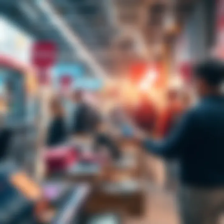 A busy retail environment showing merchants adopting digital payment systems with Flexa technology, highlighting the transition to modern payment methods.