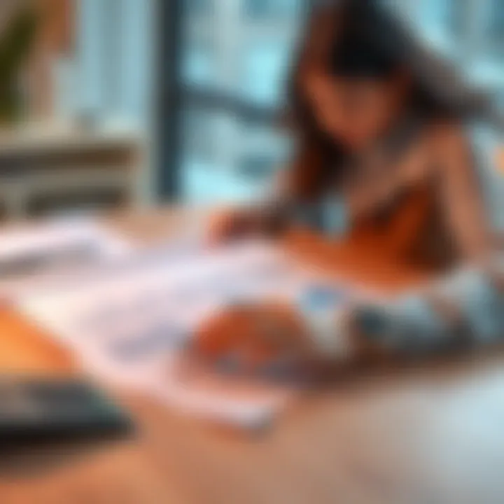 A person reviewing a flexible card funds statement with financial documents and a calculator on a table