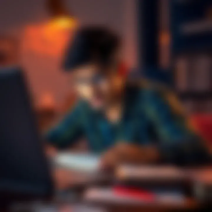 A person studying for the Flipkart SDE interview, with a laptop open and notes scattered around, looking focused and determined.