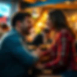 A couple smiling and making eye contact during a fun conversation at a cafe.