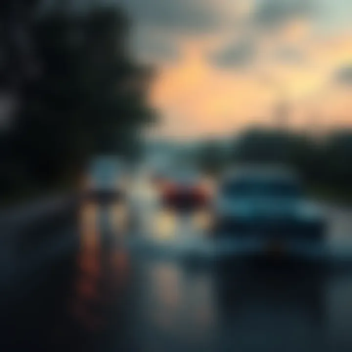 A road covered in water with vehicles struggling to pass through