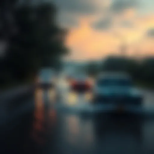 Flooded Road A road covered in water with vehicles struggling to pass through