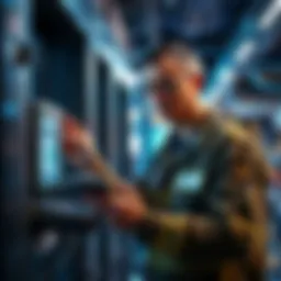 A man posing as an internet technician, connecting a device to gym equipment to steal internet access.