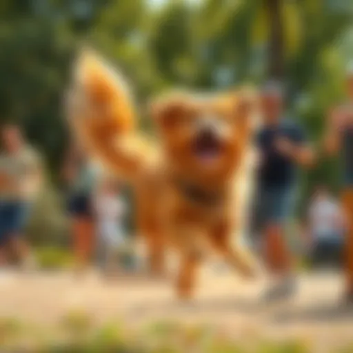 Fluffy, a lively dog with a wagging tail, jumping playfully in a sunny park surrounded by excited people