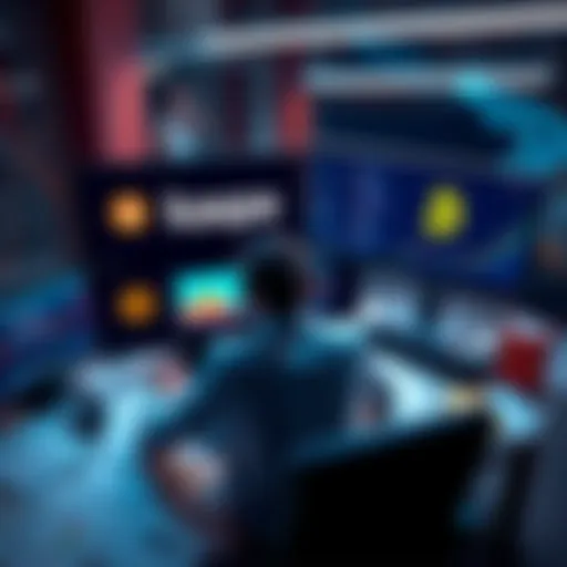 A person sitting at a desk with two screens displaying the logos of Kaspa and Bitcoin, surrounded by notes and charts