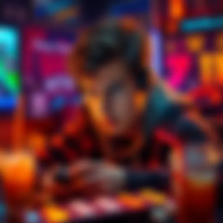 A person intensely focused on their screen while playing mini games, surrounded by snacks and drinks, with a determined expression.