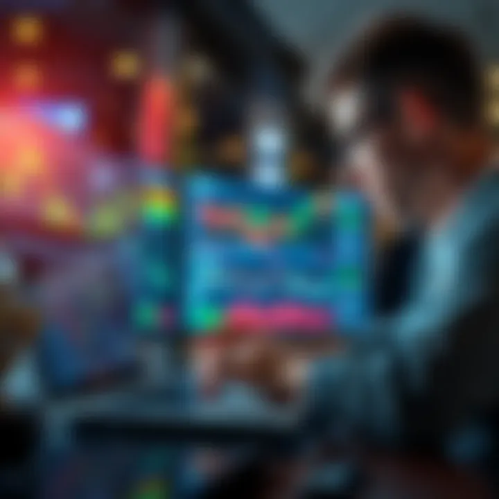 A person studying market charts and graphs on a laptop, highlighting the importance of strategy in achieving financial goals, with a goal of reaching one million dollars in view.