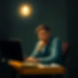 Focused Mindset A person sitting at a desk, deep in thought, with a single light bulb shining above their head, symbolizing clarity and insight.