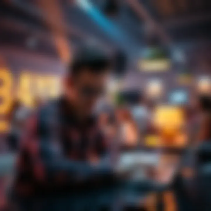 A dedicated person studying blockchain technology on a laptop in a modern workspace, contrasting with a party scene in the background.