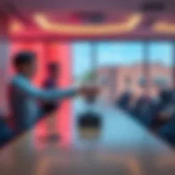 Foid and Chud representatives shaking hands in a meeting room, symbolizing their partnership