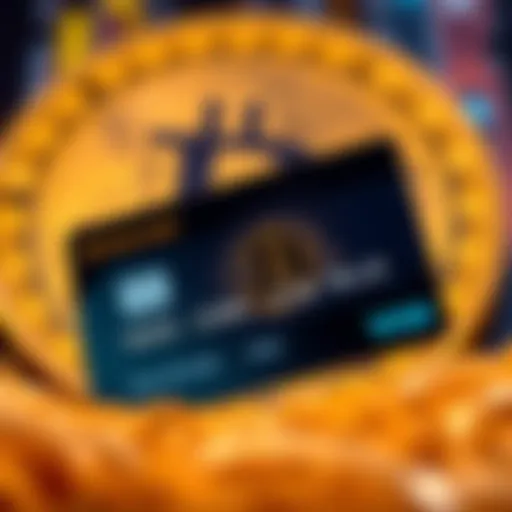 A close-up of the Fold Bitcoin credit card with a digital Bitcoin symbol in the background