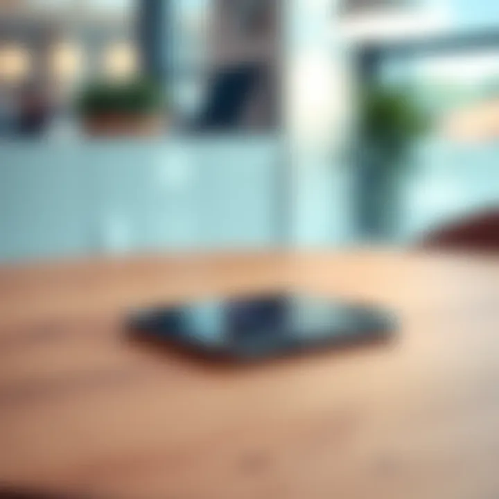 Folding Phone on Table A sleek folding phone displayed on a wooden table with a blurred background, showcasing its unique design and open screen.
