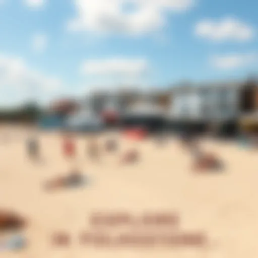 A sunny day at Folkestone beach with people enjoying the sand and local art galleries in the background
