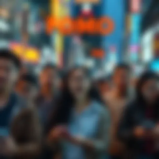 A group of people looking at their phones with expressions of excitement and concern in a lively urban setting