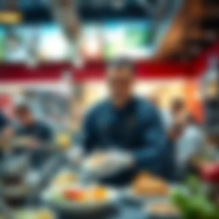 A dedicated food service worker serving meals in a bustling restaurant, showcasing their hard work and commitment to customer service.