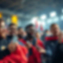 A group of football fans holding tokens and discussing club decisions, showcasing excitement and involvement in their team.