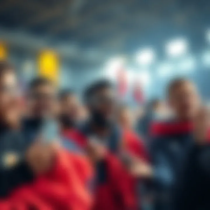 A group of football fans holding tokens and discussing club decisions, showcasing excitement and involvement in their team.