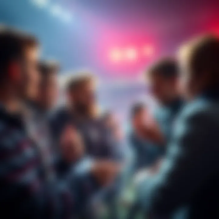 Football fans discussing player opinions A group of football fans engaged in a lively discussion about a footballer, sharing thoughts and debating strengths and weaknesses.