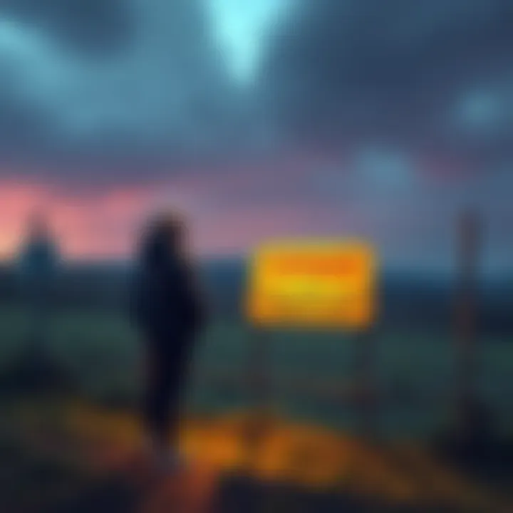 Person standing by forbidden land A person looking at a fenced piece of land marked with a sign that says 'forbidden'. The scene shows curiosity and caution.