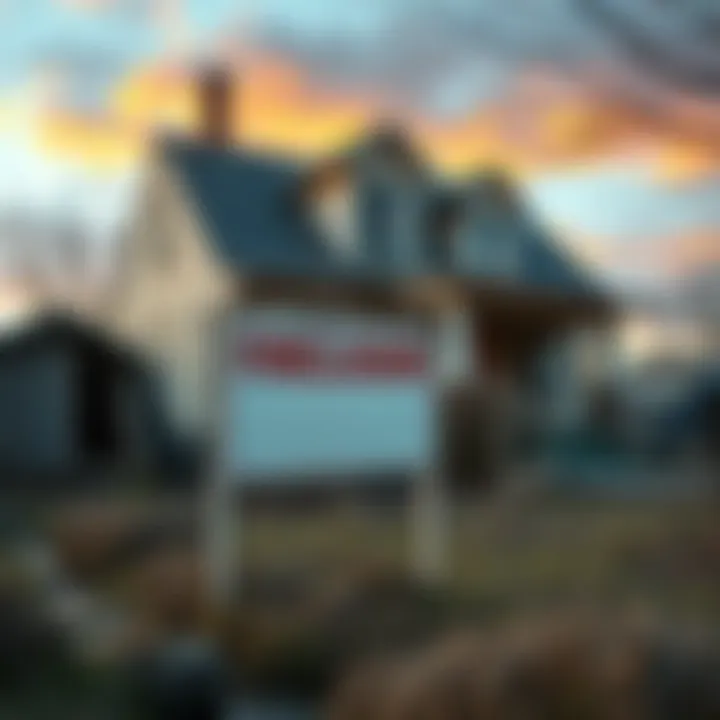 A foreclosure sign stands in front of a neglected house, symbolizing the impact of poor financial decisions, with a nearby creek and makeshift shelter visible.