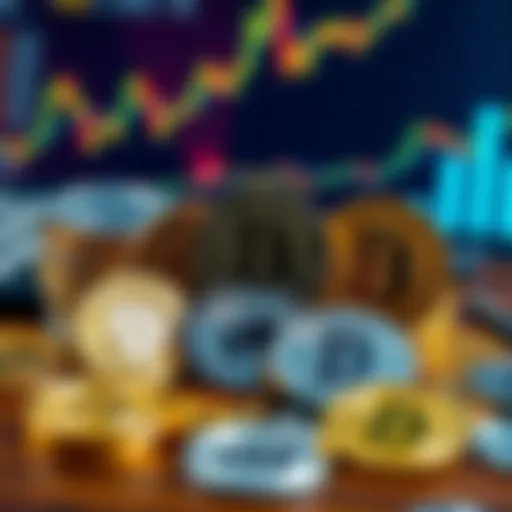 A close-up of various forked cryptocurrency coins arranged on a table with a calculator and graphs in the background, representing investment analysis.