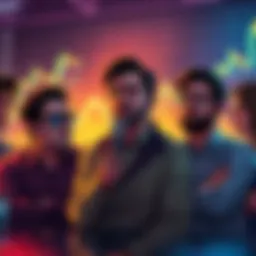 A group of people discussing their past crypto investments, showing mixed emotions of regret and insight, with charts and graphs in the background indicating market trends.