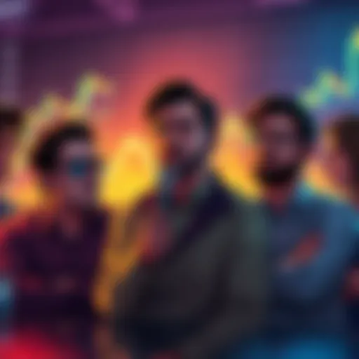 A group of people discussing their past crypto investments, showing mixed emotions of regret and insight, with charts and graphs in the background indicating market trends.