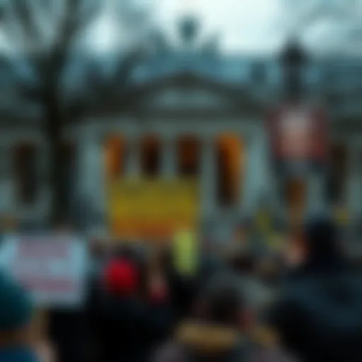 A concerned crowd gathers in front of a government building holding signs about Knugen1337's disappearance.