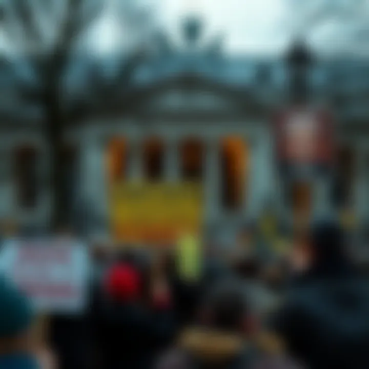 Former Swedish Prime Minister Knugen1337 A concerned crowd gathers in front of a government building holding signs about Knugen1337's disappearance.