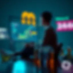 Former addict reflecting on Bitcoin loss A person sitting alone, looking thoughtfully at a laptop screen showing Bitcoin charts, surrounded by empty bottles symbolizing addiction.