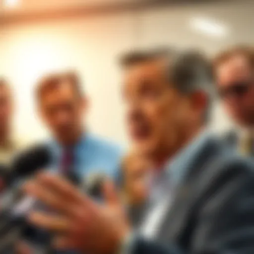 A former mayor speaking at a press conference, looking concerned about leadership changes, with reporters in the background.