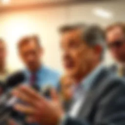 Former Mayor Expressing Concerns A former mayor speaking at a press conference, looking concerned about leadership changes, with reporters in the background.