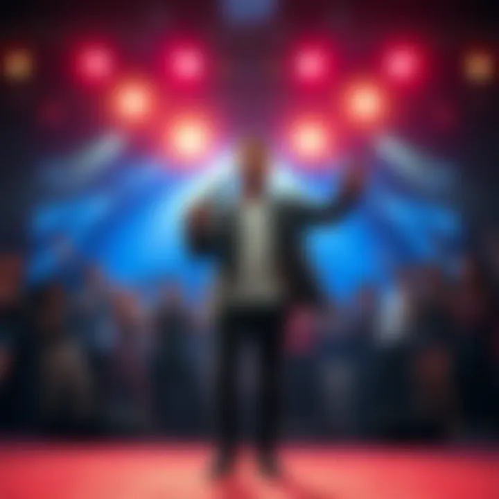 A former star stands confidently on stage, microphone in hand, as fans cheer in the background.