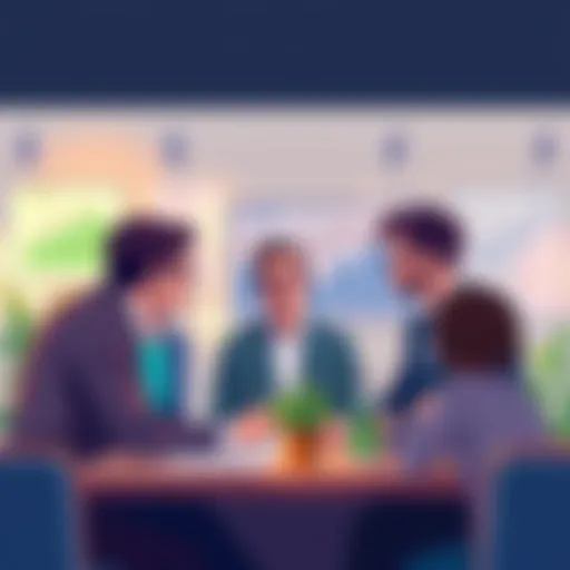 Illustration of a Fortune 2000 company team discussing sustainability and tender processes, with charts and green initiatives in the background.