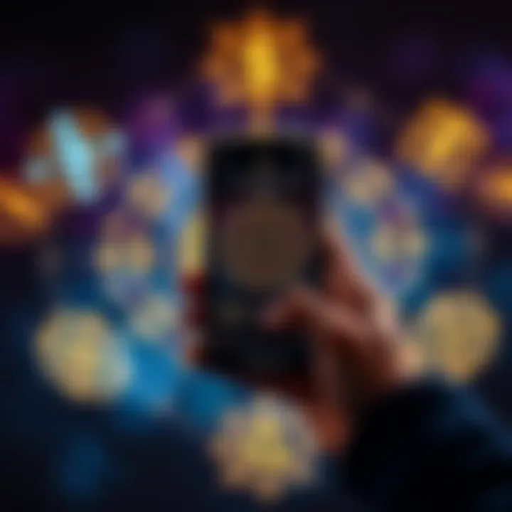 A person holding a smartphone displaying the One ADA Fortune app interface, with mystical symbols around them, suggesting a personal fortune reading experience.