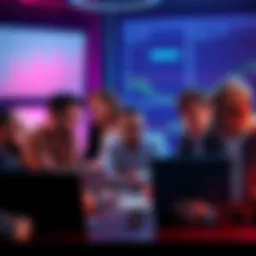 A group of people engaged in a serious discussion about cryptocurrency, with laptops and charts visible, showing mixed reactions.