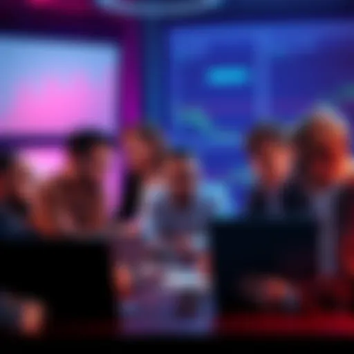 A group of people engaged in a serious discussion about cryptocurrency, with laptops and charts visible, showing mixed reactions.