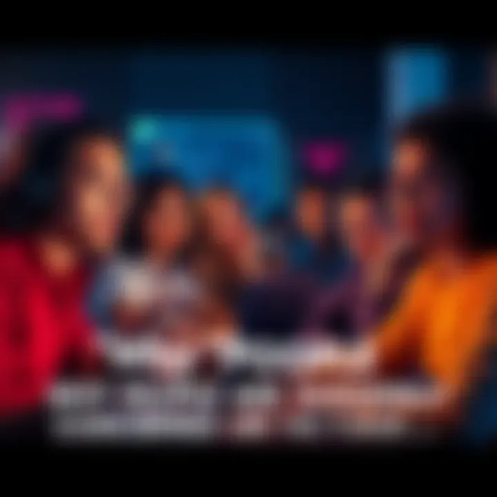 A group of people discussing anxieties in an online forum setting, with worried expressions and laptops open, showing active chat messages.