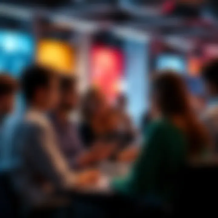 A group of people discussing trends in an online forum setting, exchanging ideas and insights.